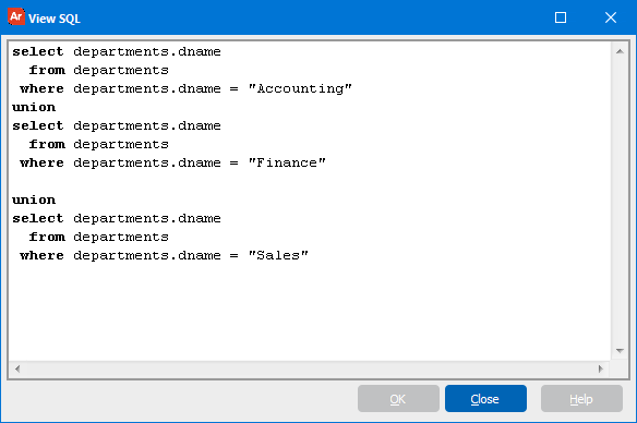 select departments.dname from departments where departments.dname = "Accounting" union select departments.dname from departments where departments.dname = "Finance" union select departments.dname from departments where departments.dname = "Sales"